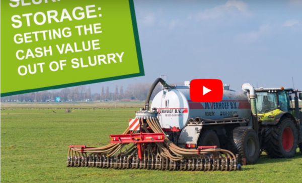 A screenshot showing the YouTube thumb nail for the FWS slurry storage - getting the most value out of slurry webinar featuring a slurry tank and trailing show being pulled by a tractor through a grassland field.